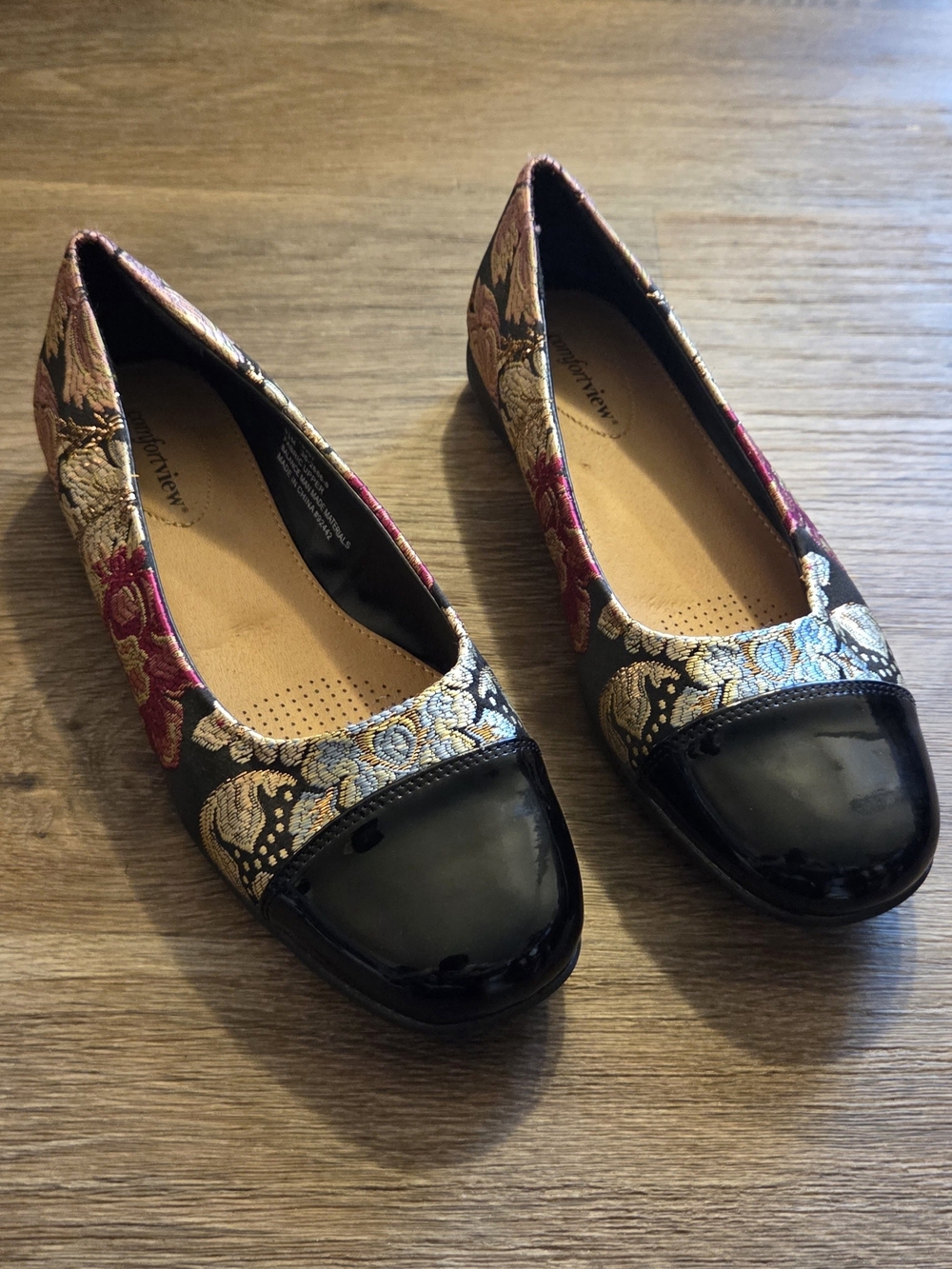 Fay Black Patent Toe Floral Jacquard Flats